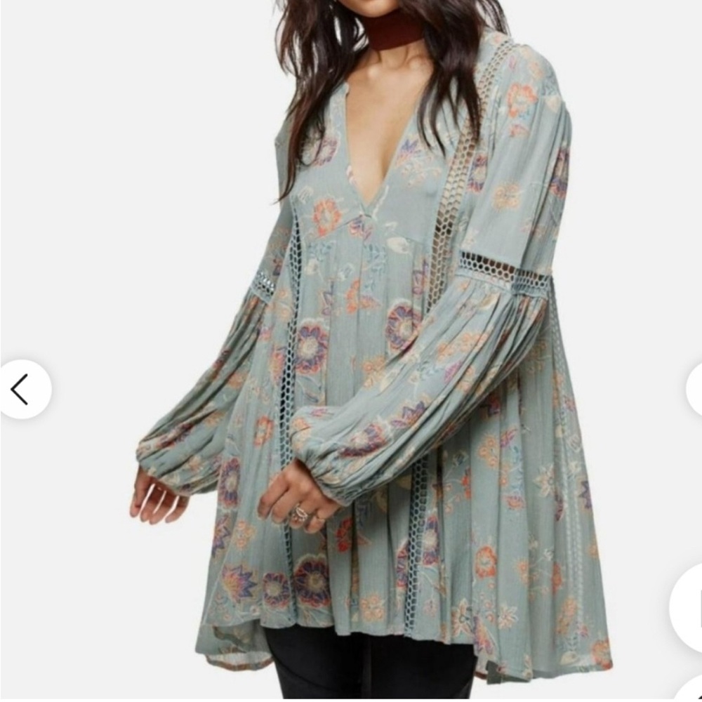 Free People Green and Orange Long Sleeve Tunic
